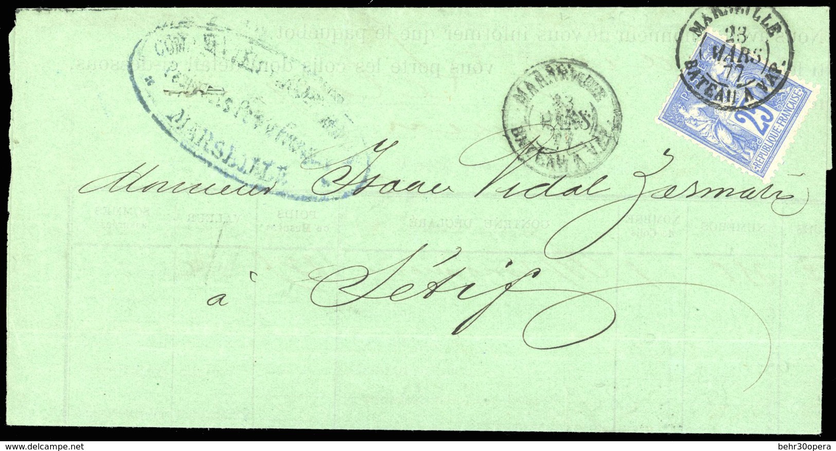O N°78 - 25c. Bleu Obl. S/lettre Frappée Du CàD De MARSEILLE - BATEAU A VAPEUR Du 23 Mars 1877 à Destination De SETIF -  - 1876-1878 Sage (Typ I)