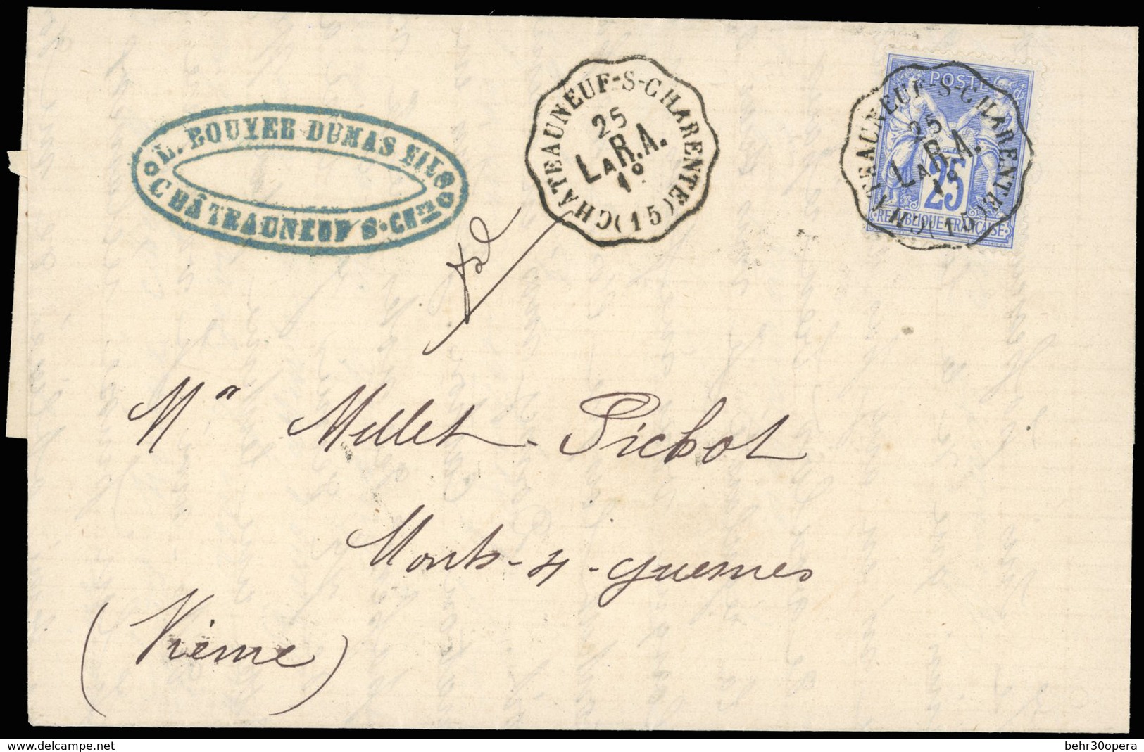 O N°78 - 25c. Outremer Obl. S/lettre Frappée Du Cachet Convoyeur Station CHATEAUNEUF-S-CHARENTE 25 LAR.A. 1° à Destinati - 1876-1878 Sage (Type I)