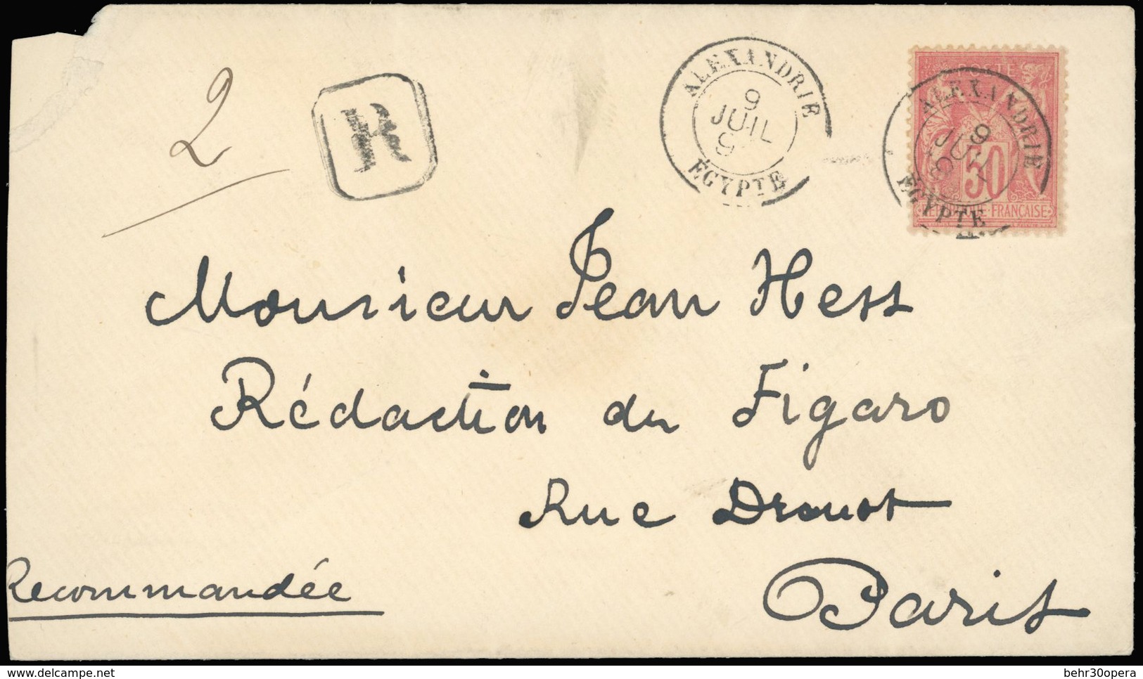 O N°98 - 50c. Rose Obl. S/lettre Recommandée Frappée Du CàD D'ALEXANDRIE - EGYPTE Du 9 Juillet 189- à Destination De PAR - 1876-1878 Sage (Typ I)