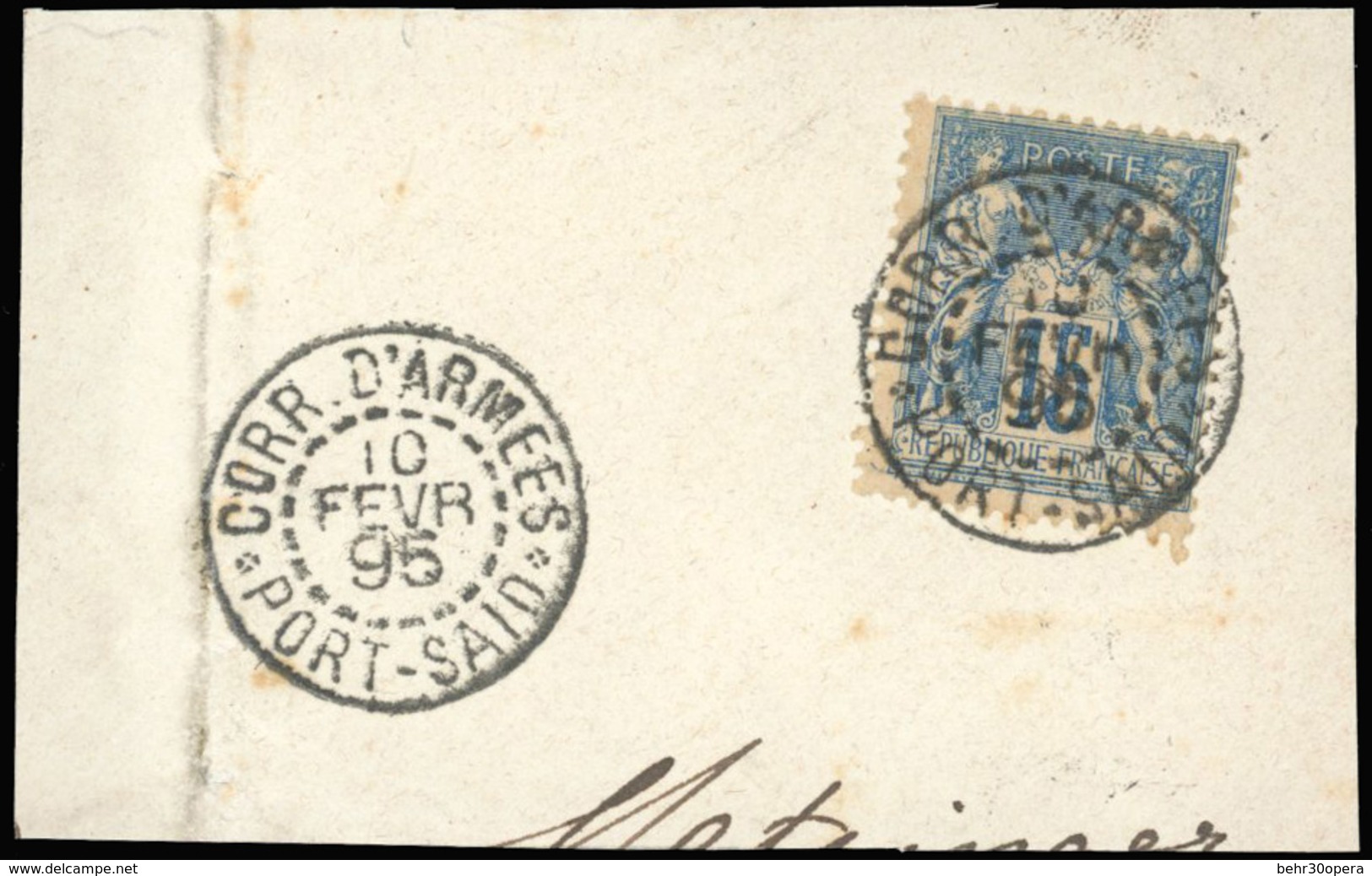 O N°101 - 15c. Bleu Obl. S/petit Fragment Frappé Du CàD Du CORR. D'ARMEES - PORT-SAID Du 10 Février 1895. SUP. - 1876-1878 Sage (Type I)