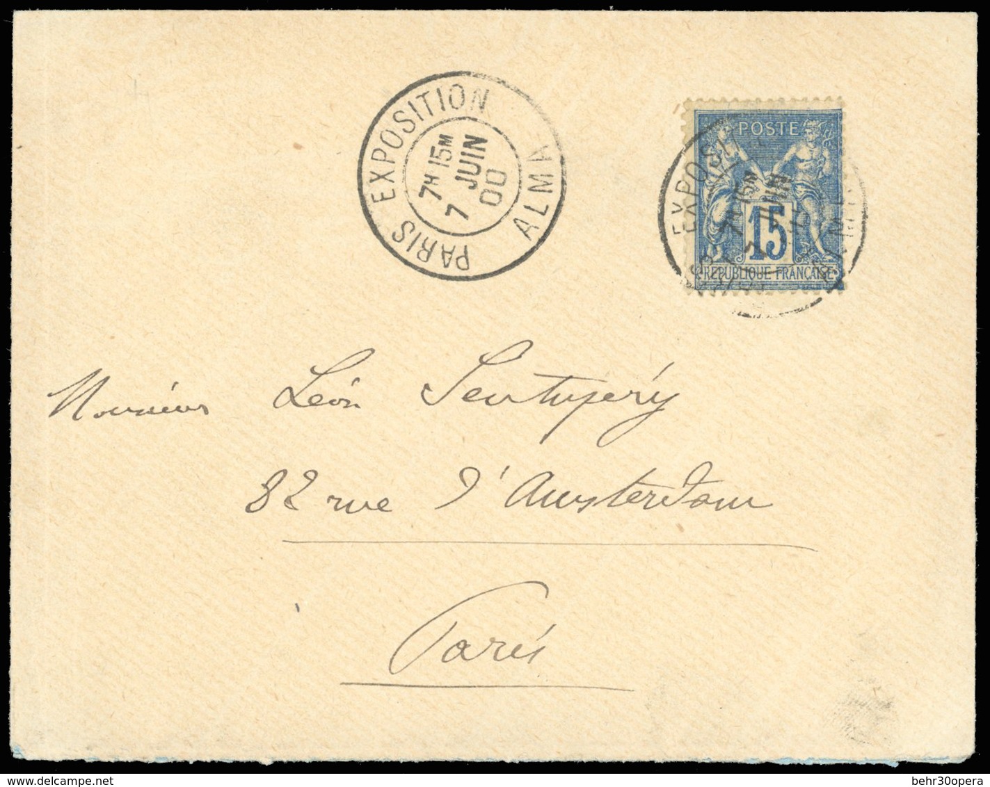 O N°101 - 15c. Bleu Obl. S/lettre Frappée Du CàD PARIS EXPOSITION - ALMA Du 7 Juin 1900 à Destination De PARIS. TB. - 1876-1878 Sage (Type I)