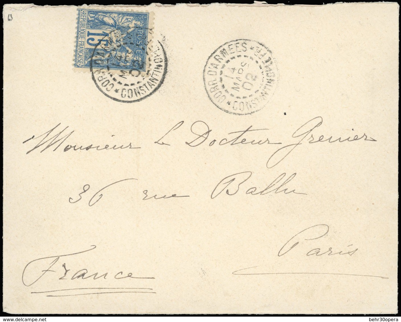 O N°101 - 15c. Bleu Obl. S/lettre Frappée Du CàD CORR. D'ARMEES - CONSTANTINOPLE Du 14 Mars 1902 à Destination De PARIS. - 1876-1878 Sage (Typ I)
