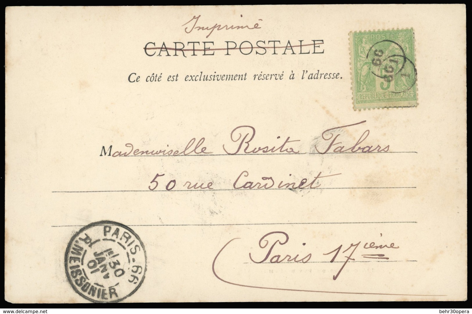 O N°102 - 5c. Vert Obl. S/carte Postale Frappée Du Cachet ''66/1'' à Destination De PARIS. Arrivée Le 30 Janvier 1901. T - 1876-1878 Sage (Type I)