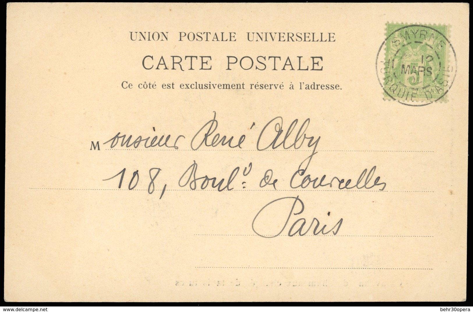 O N°102 - 5c. Vert Obl. S/carte Postale Frappée Du CàD De SMYRNE - TURQUIE D'ASIE Du 12 Mars -- à Destination De PARIS. - 1876-1878 Sage (Typ I)