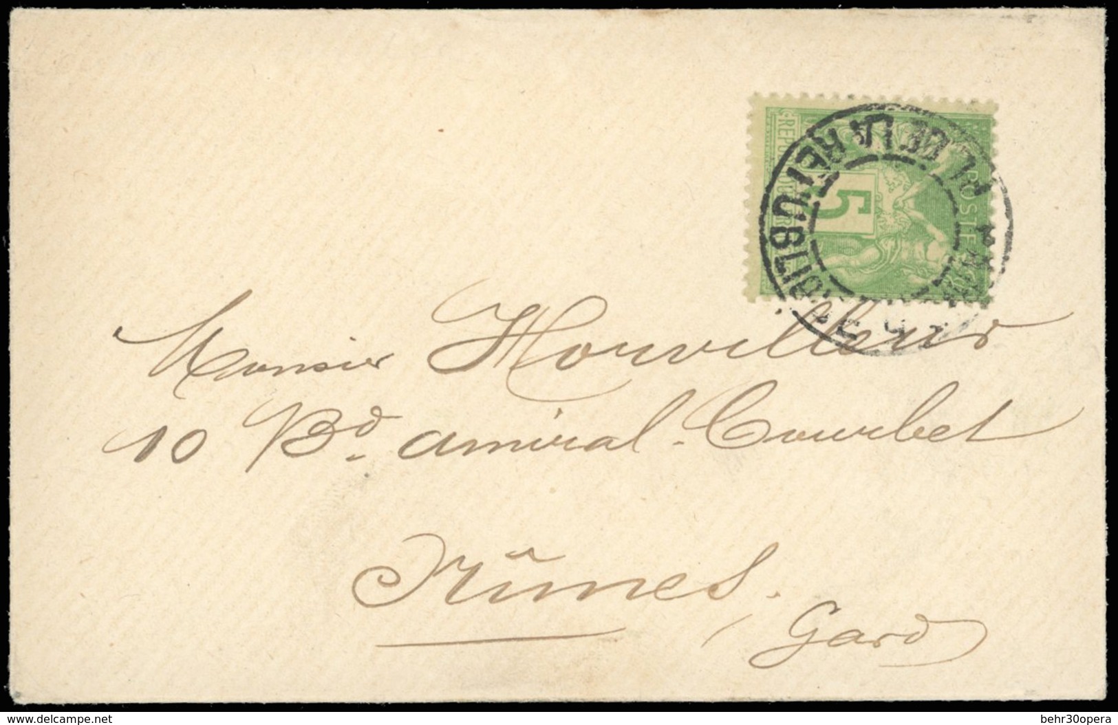 O N°102 - 5c. Vert S/jaune Obl. S/lettre Frappée Du CàD évidé PARIS - PLACE DE LA REPUBLIQUE à Destination De NIMES - GA - 1876-1878 Sage (Type I)