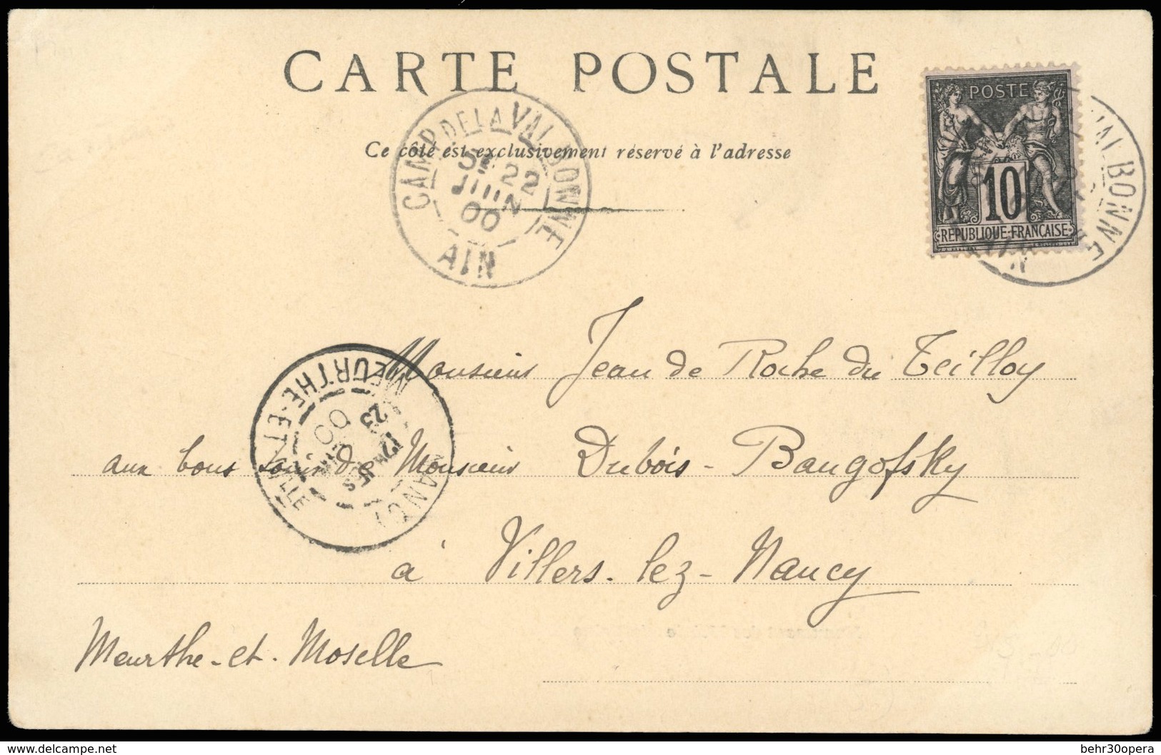 O N°103 - 10c. Noir S/lilas Obl. S/carte Postale Frappée Du CàD CAMP DE VALBONNE - AIN Du 22 Juin 1900 à Destination De  - 1876-1878 Sage (Type I)