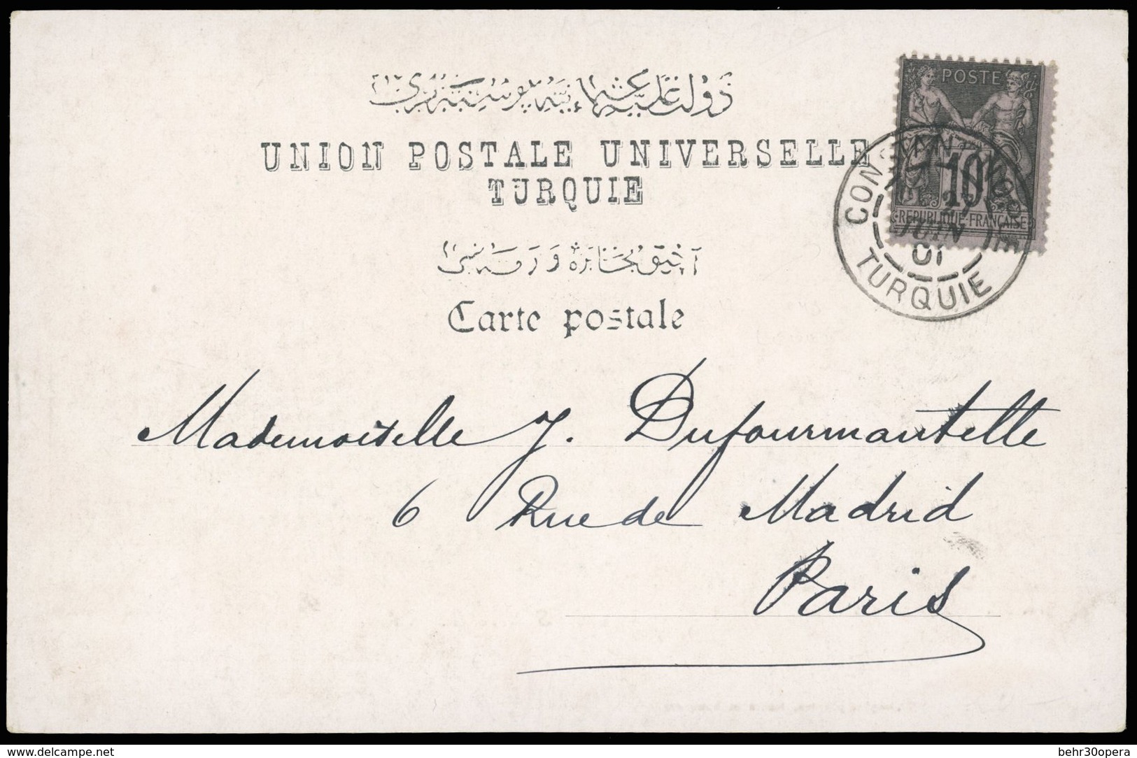 O N°103 - 10c. Noir S/lilas Obl. S/carte Postale Frappée Du CàD De CONSTANTINOPLE - TURQUIE Du 27 Juin 1901 à Destinatio - 1876-1878 Sage (Type I)