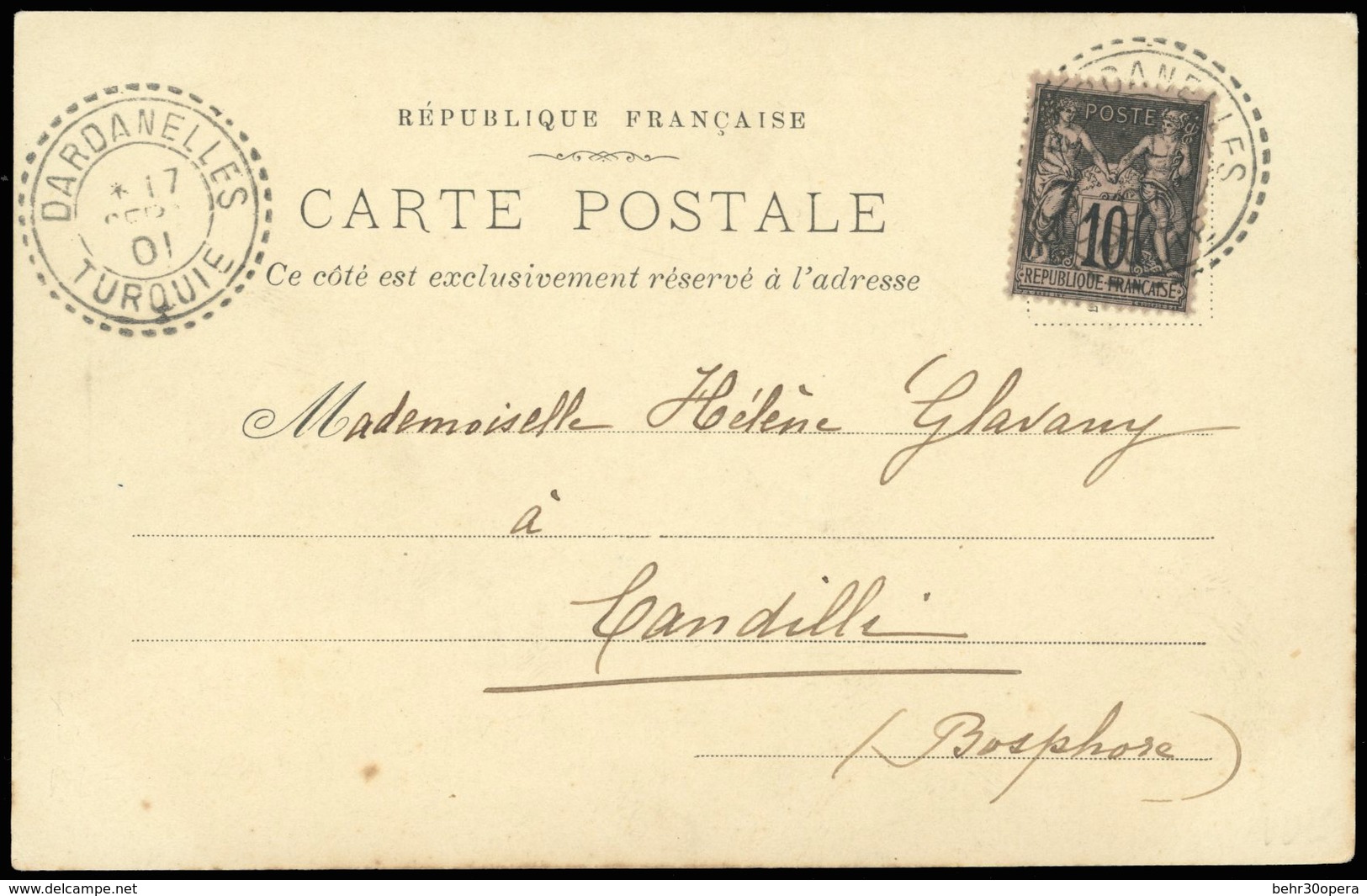 O N°103 - 10c. Noir S/lilas Obl. S/carte Postale Frappée Du Cachet Perlé De DARDANELLES - TURQUIE Du 17 Septembre 1901 à - 1876-1878 Sage (Type I)