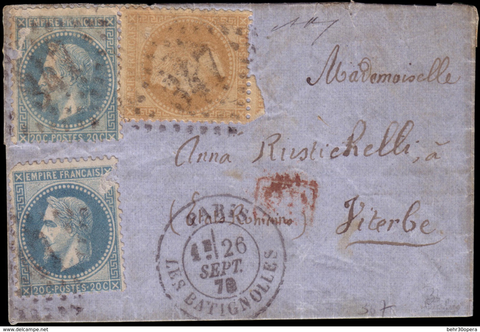 O N°28+ 29x2 - ETATS UNIS. 10c. + 2 X 20c. Lauré Obl. GC 347 Sur Lettre Frappée Du CàD PARIS - BATIGNOLLES Du 26 SEPTEMB - Guerre De 1870