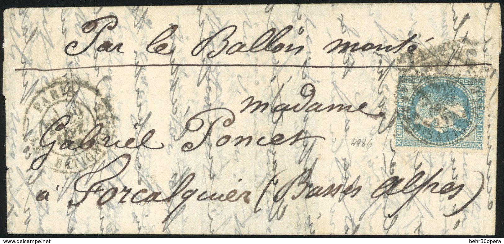 O N°29 - LE CELESTE. 20c. Laurés Obl. étoile S/lettre Frappée Du CàD De PARIS - LES BATIGNOLLES Du 29 Septembre 1870 à D - Guerra De 1870