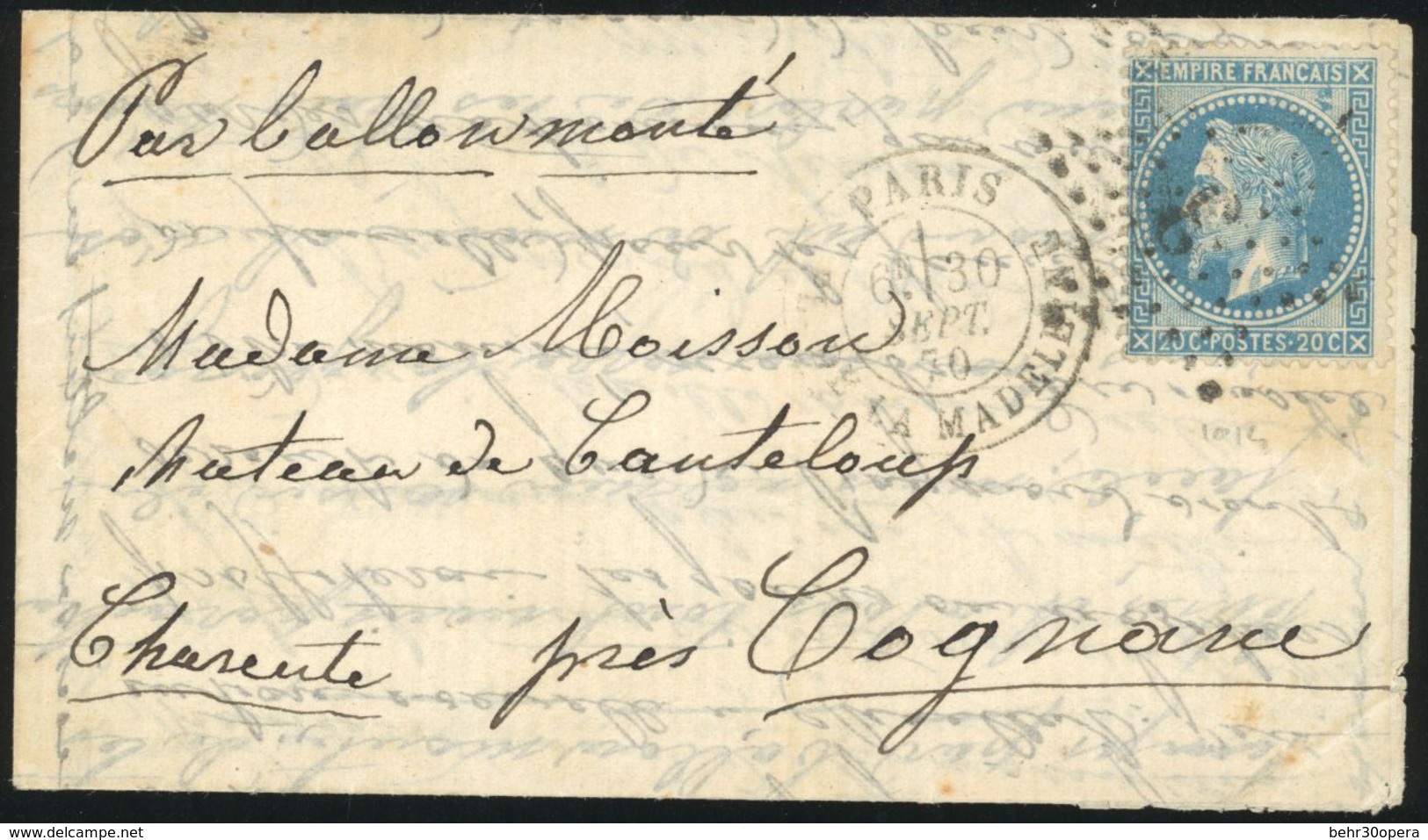 O N°29 - L'ARMAND BARBES. 20c. Laurés Obl. étoile 3 S/lettre Frappée Du CàD De PARIS - PL. DE LA MADELEINE Du 30 Septemb - Oorlog 1870