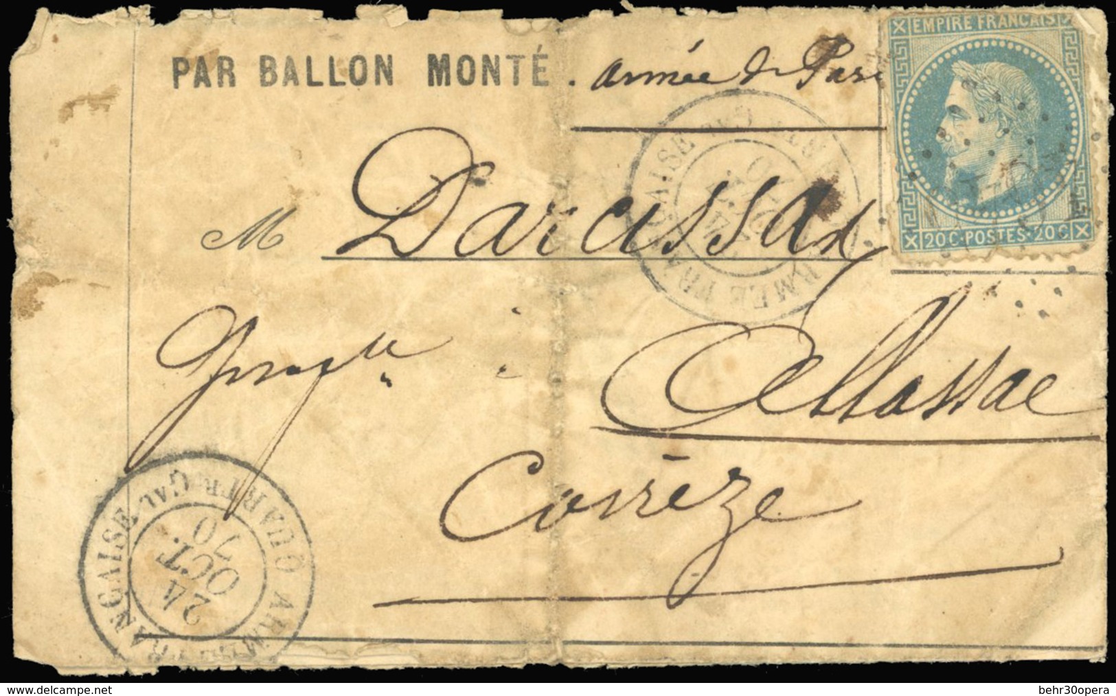 O N°29 - LE VAUBAN. 20c. Bleu. Obl. GC 4645 S/lettre Frappée Du CàD De L'ARMEE FRANCAISE QUARTIER GENERALE Du 24 OCTOBRE - War 1870