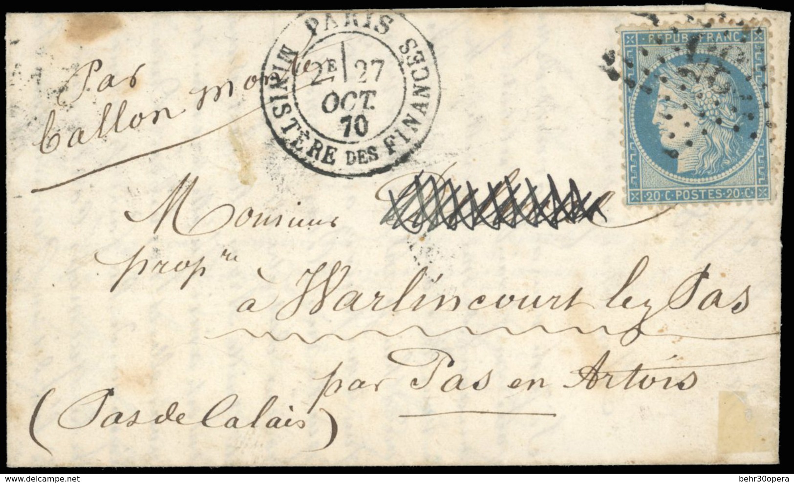 O N°37 - LE COLONEL CHARRAS. 20c. Siège Obl. étoile ''35'' Sur Lettre Frappée Du CàD De PARIS-MINISTERE DES FINANCES Du  - Guerra De 1870