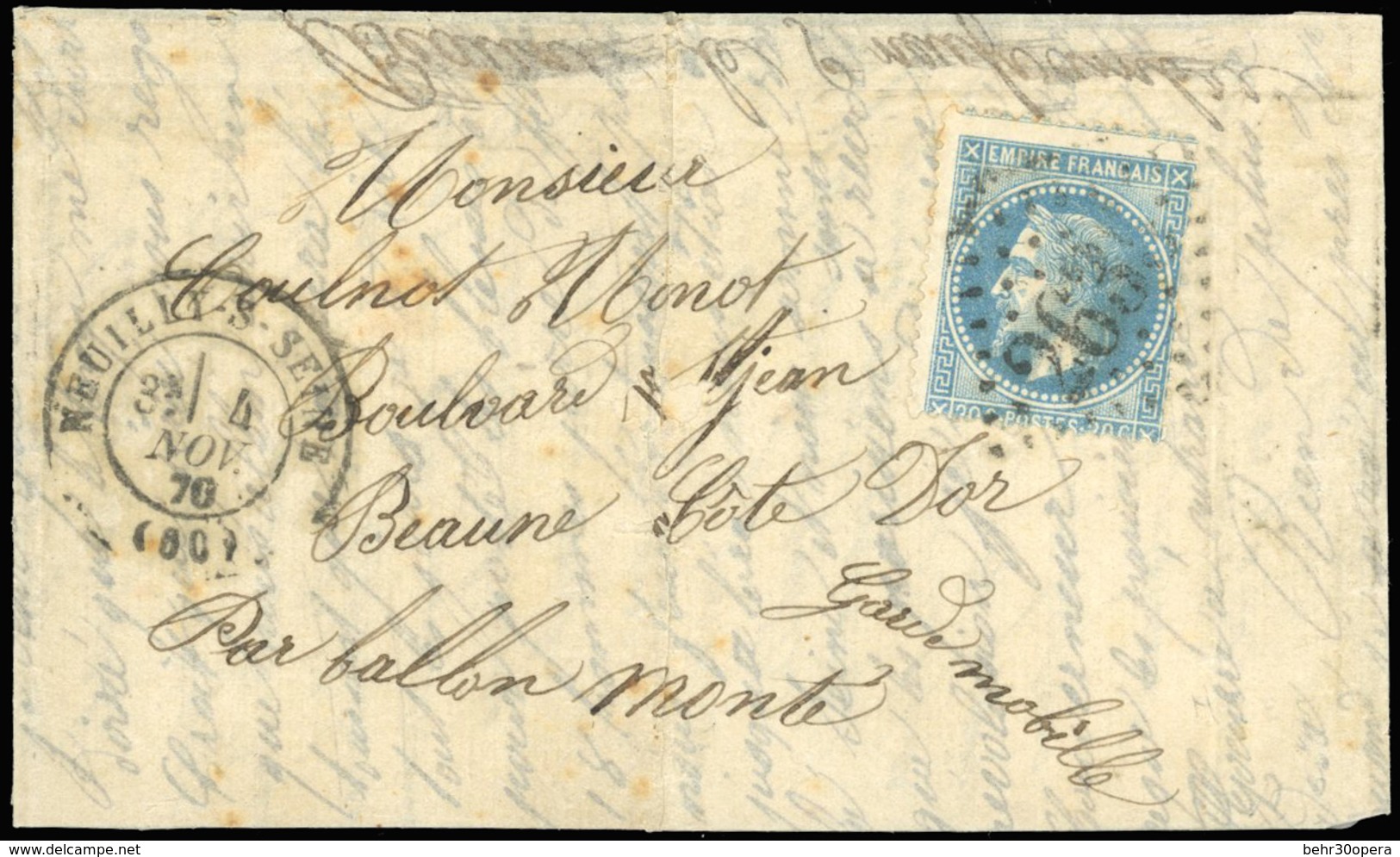 O N°29 - LE VILLE DE CHATEAUDUN. 20c. Laurés Obl. GC 2635 S/lettre Frappée Du CàD De NEUILLY-SUR-SEINE Du 4 Novembre 187 - War 1870