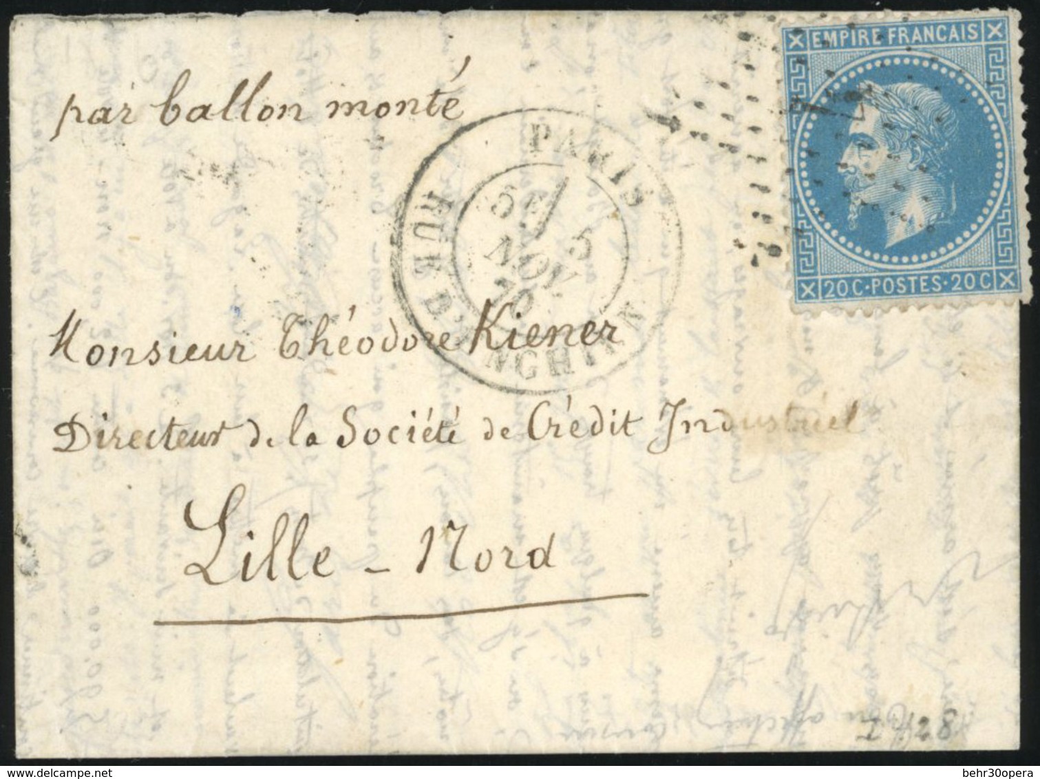 O N°29 - LE VILLE DE CHATEAUDUN. 20c. Lauré. Obl. étoile ''7'' S/lettre Frappée Du CàD De PARIS - RUE D'ENGHIEN Du 5 Nov - Krieg 1870