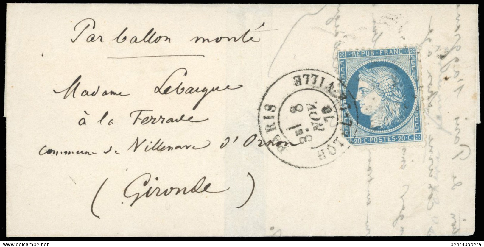 O N°37 - LE GIRONDE. 20c. Siège (def) Obl. Sur Lettre Frappée Du CàD De PARIS-HOTEL DE VILLE Du 8 NOVEMBRE 1870 à Destin - Guerre De 1870