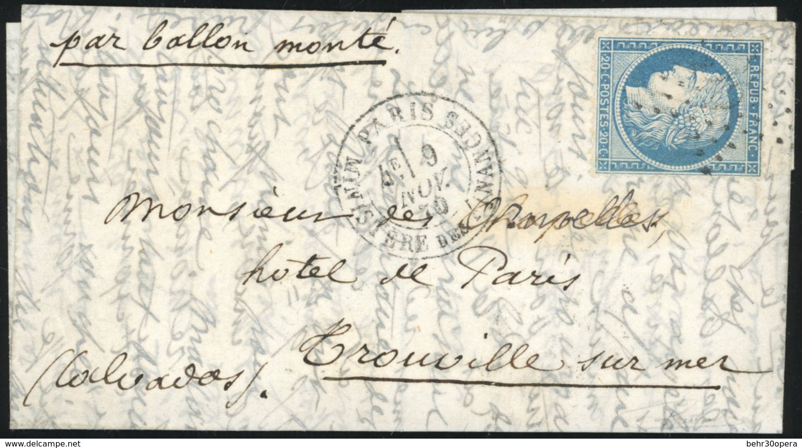 O N°37 - LE DAGUERRE. 20c. Siège. Obl. étoile S/lettre Frappée Du CàD De PARIS - MINISTERE DES FINANCES Du 9 Novembre 18 - Krieg 1870