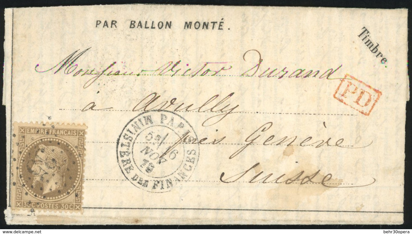 O N°30 - LE GENERAL URICH. 30c. Brun Obl. GC 35 S/Dépêche-Ballon N°5 Frappée Du CàD De PARIS - MINISTERE DES FINANCES Du - Guerre De 1870