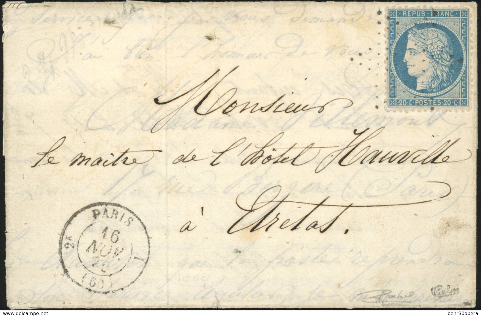 O N°37 - LE GENERAL ULRICH. 20c. Siège Obl. étoile S/lettre Frappée Du CàD De PARIS 2°-1 (60) Du 16 Novembre 1870 à Dest - Oorlog 1870