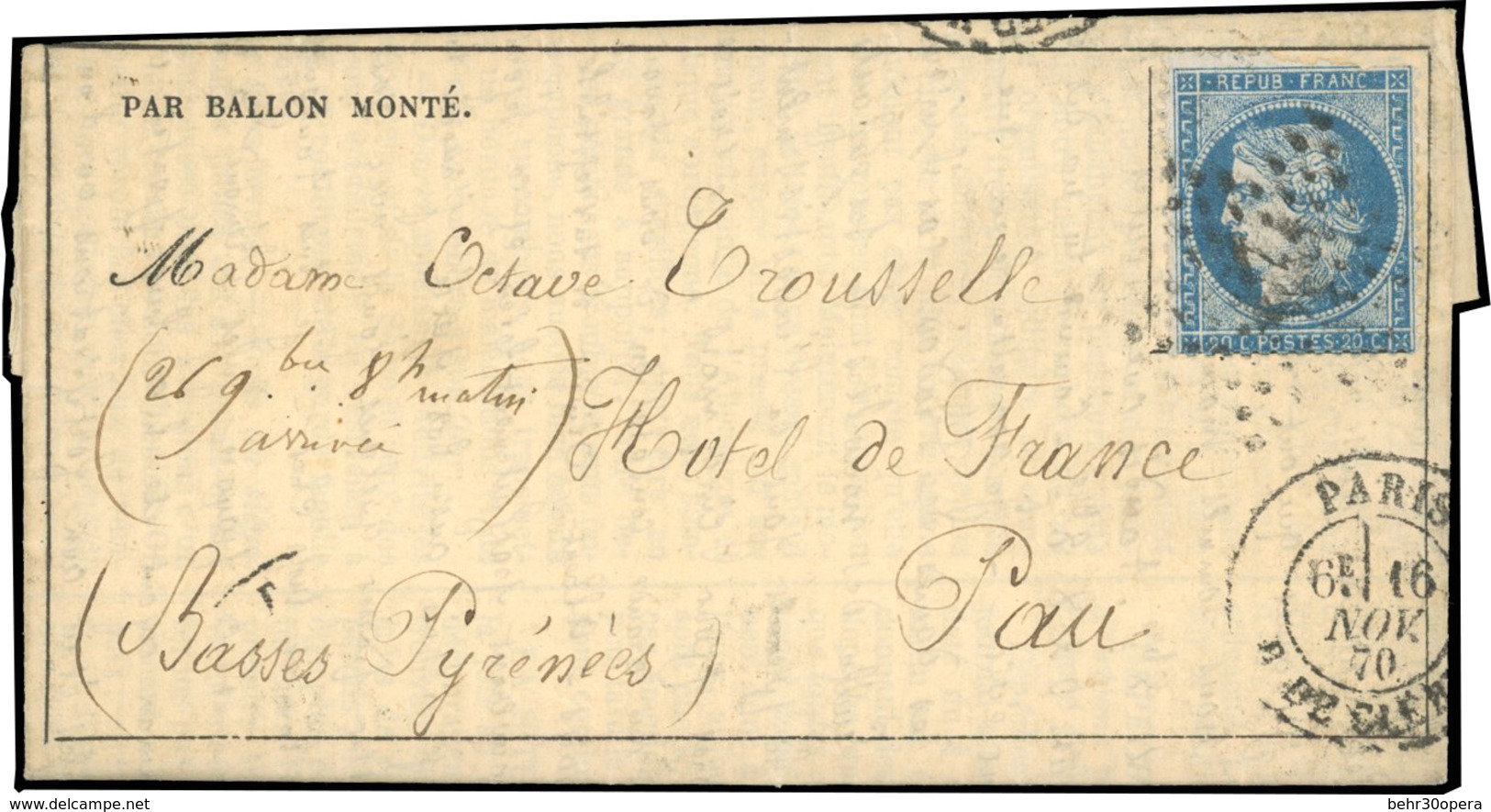 O N°37 - LE GENERAL UHRICH. 20c. Siège Obl. S/Gazette Des Absents N°8 Frappée Du CàD De PARIS - R. DE CLERY Du 16 Novemb - Guerre De 1870