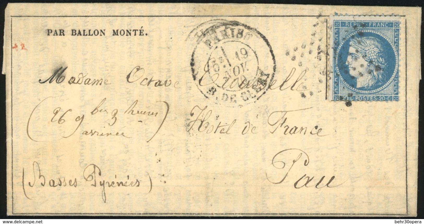 O N°37 - L'ARCHIMEDE. 20c. Siège Obl. étoile S/Gazette Des Absents N°9 Frappée Du CàD De PARIS - R. DE CLERY Du 19 Novem - Oorlog 1870