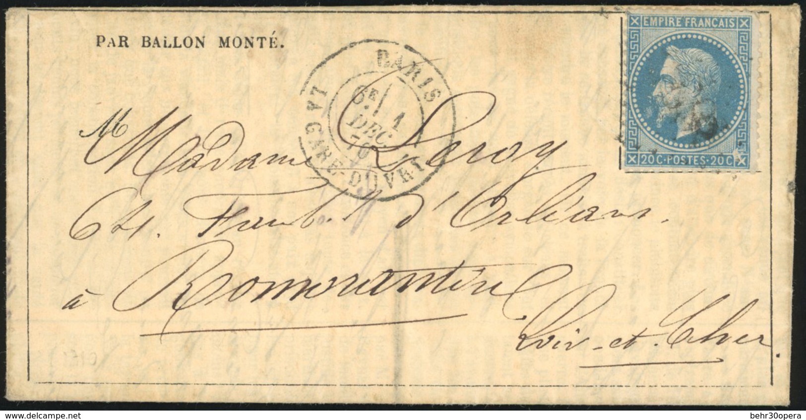 O N°29 - LE FRANKLIN. 20c. Laurés Obl. S/Gazette Des Absents N°11 Frappée Du CàD De PARIS - LA GARE D'IVRY Du 1er Décemb - Oorlog 1870