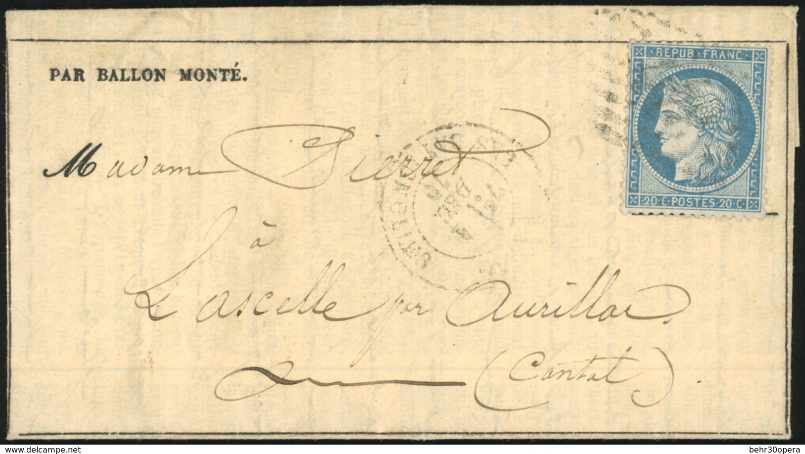 O N°37 - LE FRANKLIN. 20c. Siège Obl. S/Gazette Des Absents N°12 Frappée Du CàD De PARIS-LES-BATIGNOLLES Du 1er Décembre - Guerre De 1870