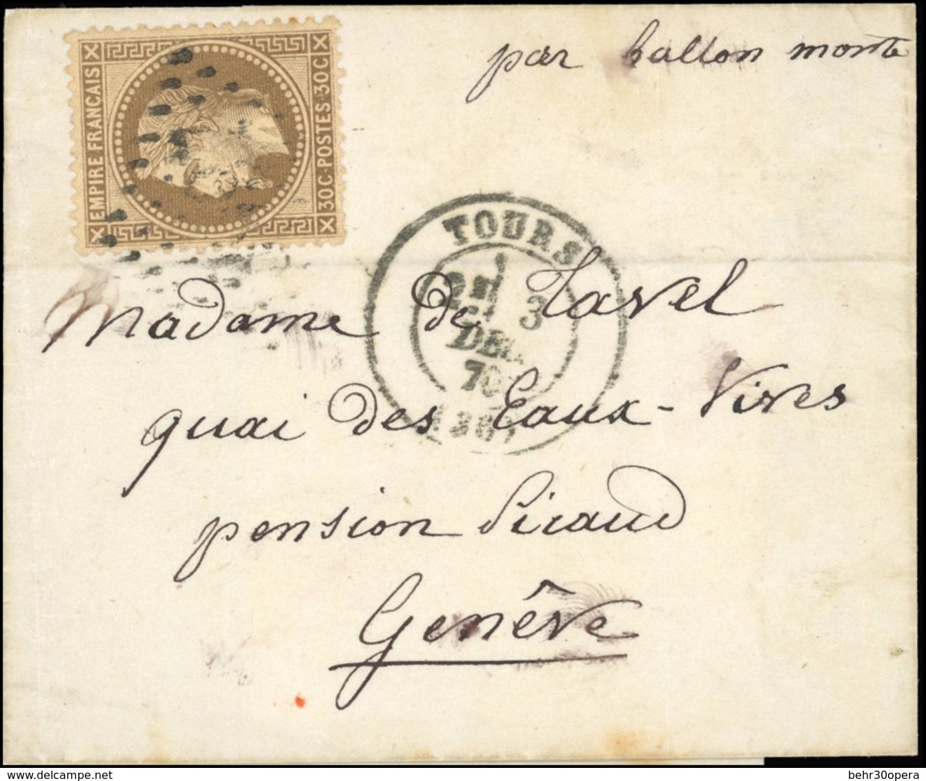 O N°30 - Pli Confié Du BATAILLE DE PARIS. 30c. Brun Obl. GC 3997 Sur Lettre Frappée Du CàD De TOURS 2ème Levée Du 3 Déce - War 1870