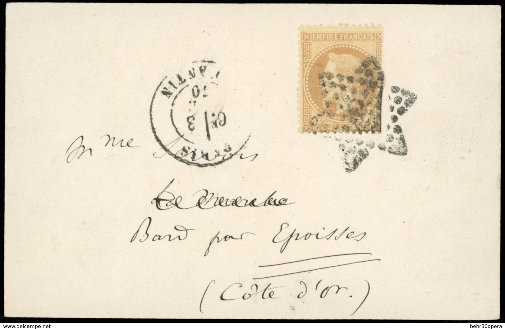 O N°28 - LE FRANKLIN. 10c. Laurés Obl. étoile ''8'' Sur Carte Frappée Du CàD De PARIS-RUE D'ANTIN Du 3 DECEMBRE 1870 à D - War 1870