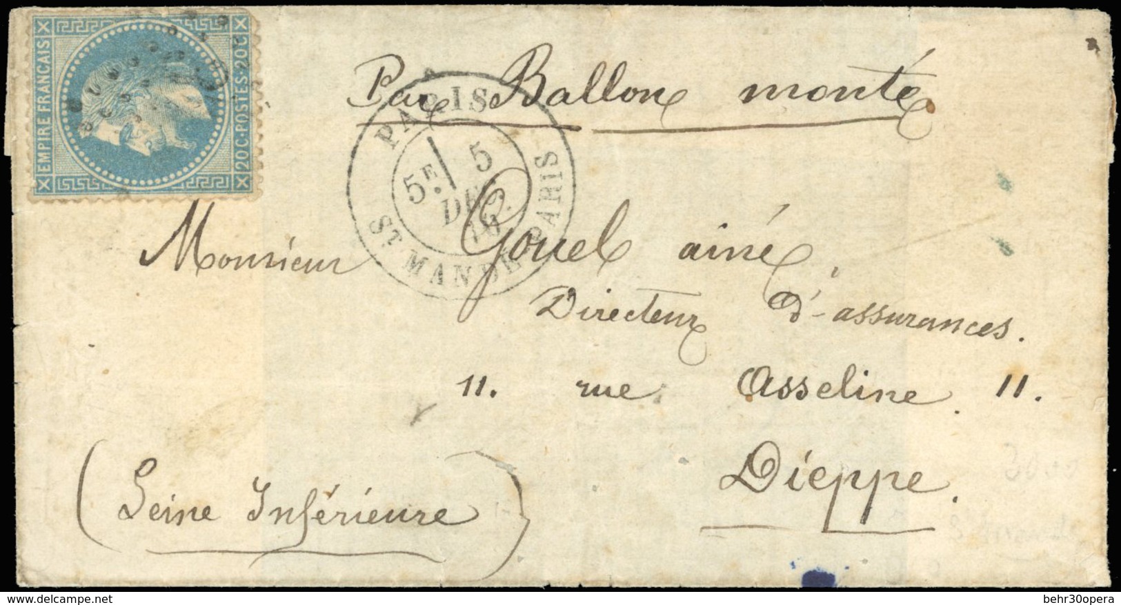 O N°29 - LE DENIS PAPIN. 20c. Lauré. Obl. GC 3739 S/lettre Frappée Du CàD De PARIS - ST-MANDE-PARIS Du 5 Décembre 1870 à - War 1870