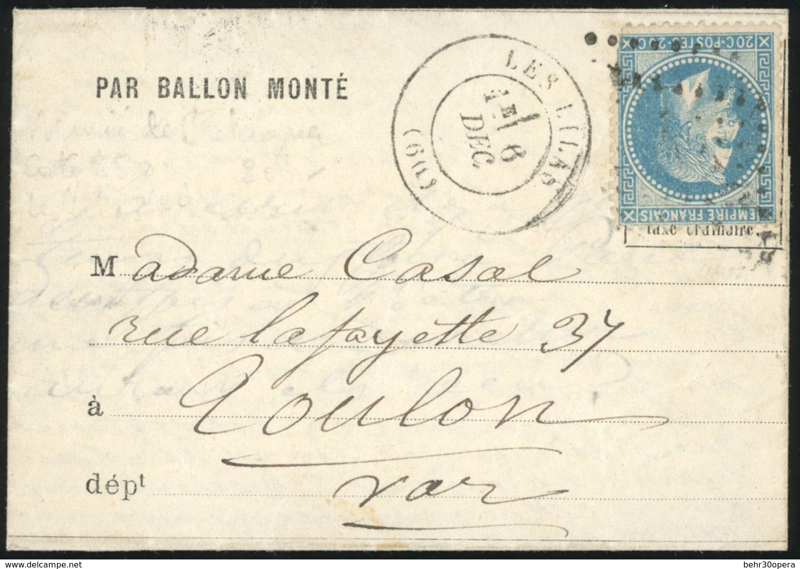 O N°29 - LE DENIS PAPIN. 20c. Lauré Obl. S/lettre Frappée Du CàD Des LES LILAS Du 6 Décembre 1870 à Destination De TOULO - War 1870