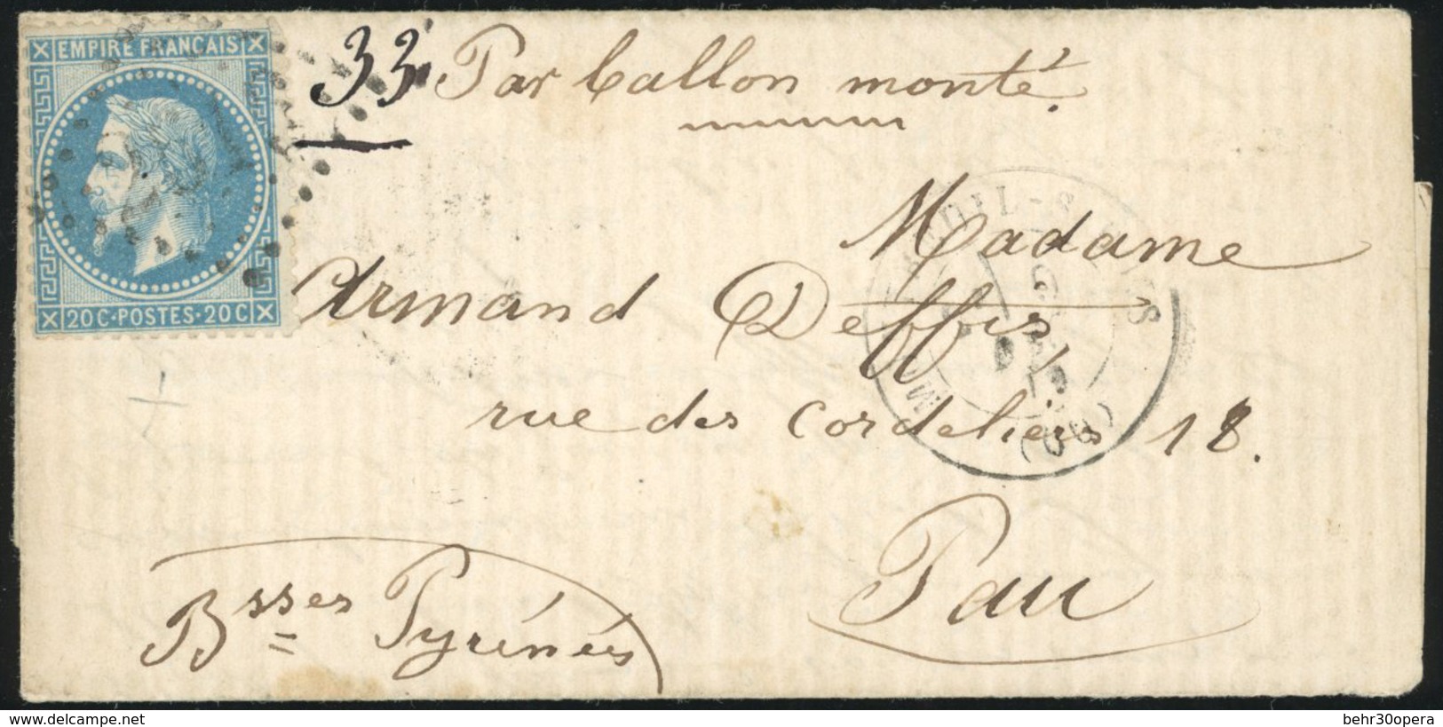 O N°29 - LE GENERAL RENAULT 20c. Laurés Obl. GC 2516 S/lettre Frappée Du CàD De MONTREUIL-SOUS-BOIS Du 9 Décembre 1870 à - War 1870