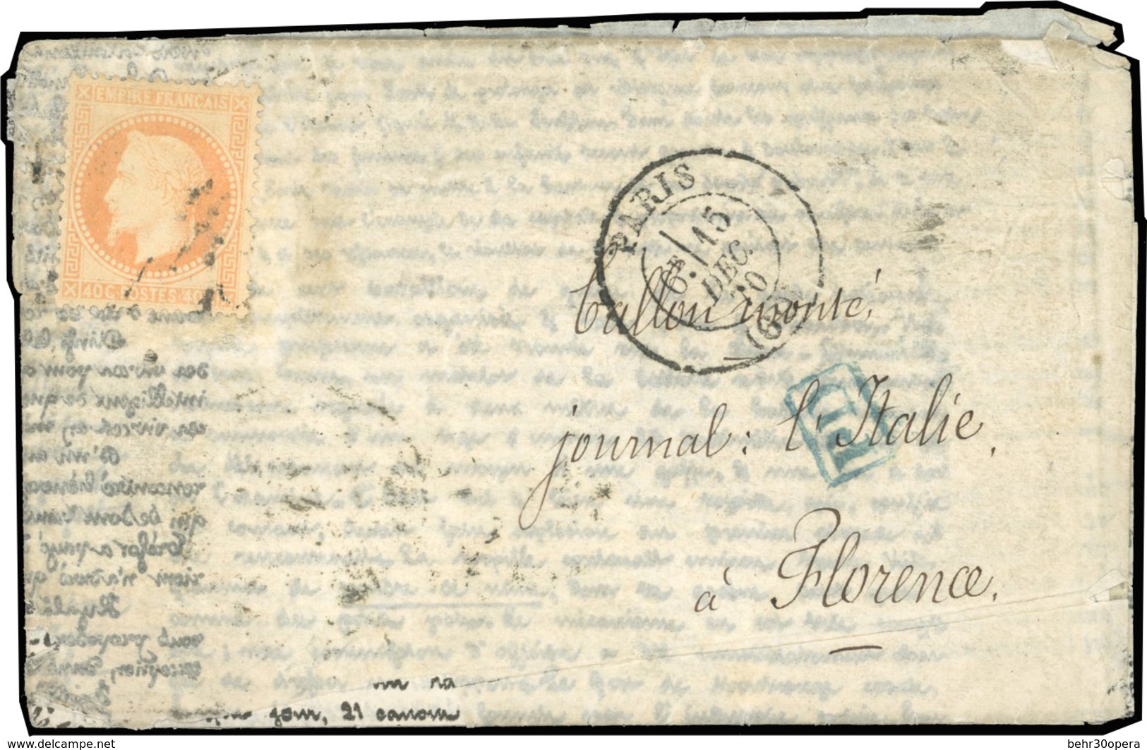 O N°31 - LE PARMENTIER. 40c. Lauré. Obl. Sur Correspondance Havas Frappée Du CàD De PARIS(60) Du 15 Décembre 1870 à Dest - Oorlog 1870