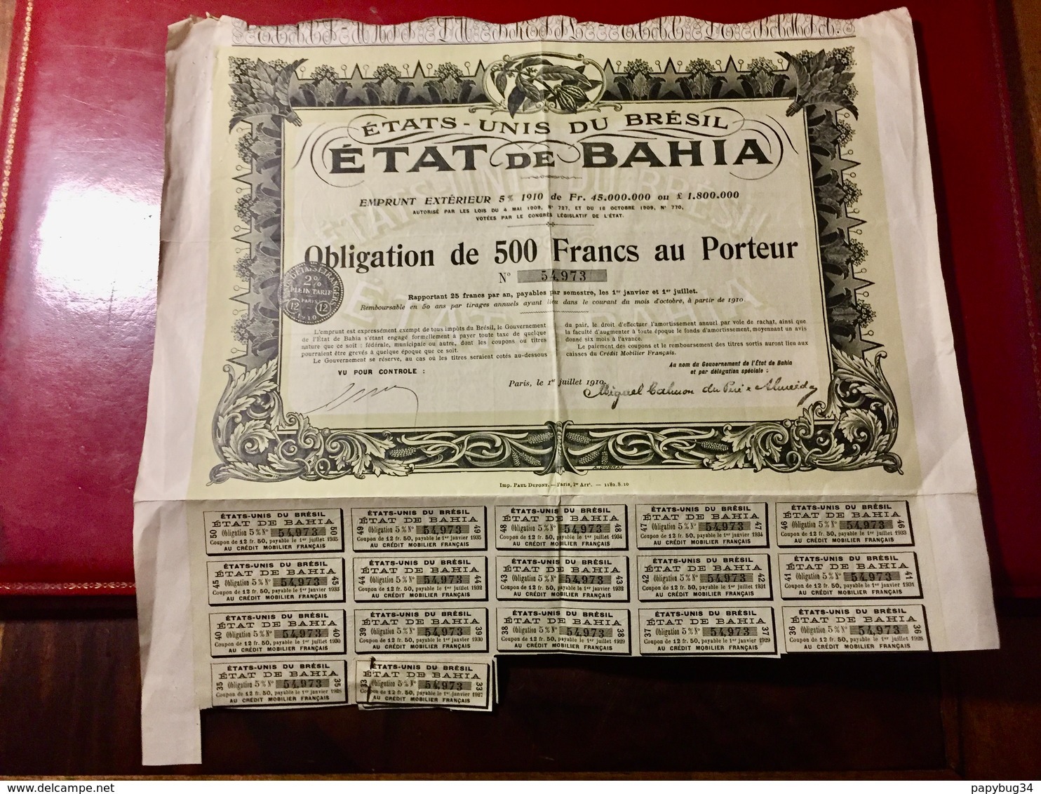 ÉTATS - UNIS  Du  BRÉSIL   ÉTAT  De  BAHIA  ------  Obligation  De 500 Frs - Autres & Non Classés