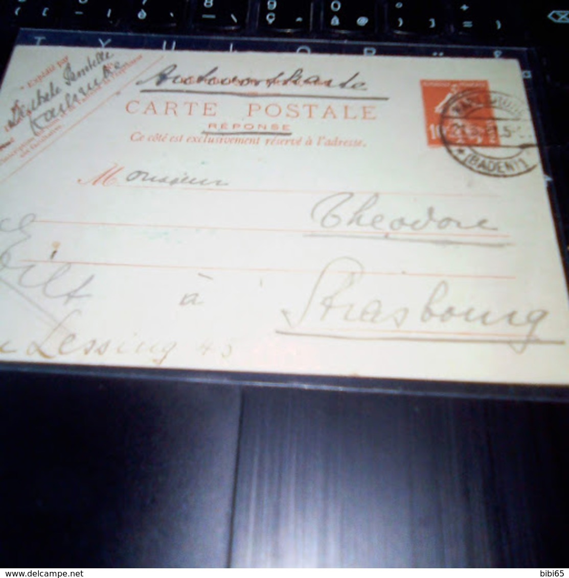 RARE CARTE POSTALE FRANçAISE REPONSE PAYEE CACHET KARLSRUHE POUR STRASBOURG DEMANDE PASSEPORT ALLEMAND DOCUMENT NATURE - Antwoordbons