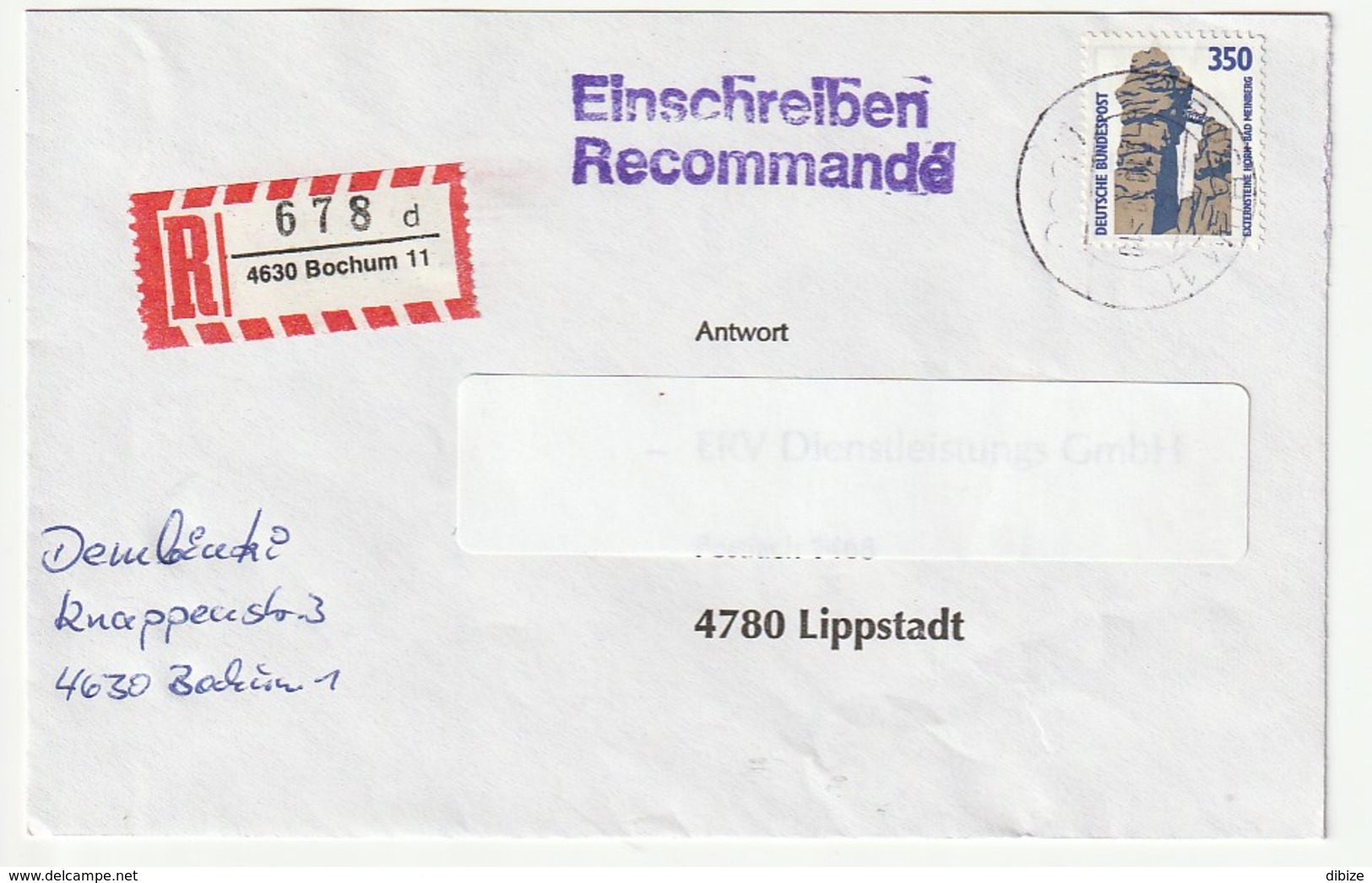 Deutschland. Brief Mit Briefmarke Und Stempel. 1990. Externsteine ​​Horn-Bad Meinberg. Einschreiben. - Archäologie