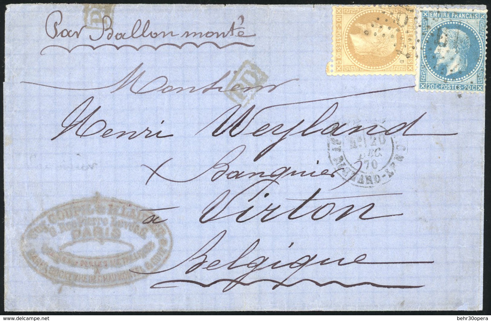 O N°2829 - LE LAVOISIER. 10c. + 20c. Laurés Obl. étoile 19 S/lettre Frappée Du CàD De PARSI - R. RICHARD LENOIR Du 20 Dé - Oorlog 1870