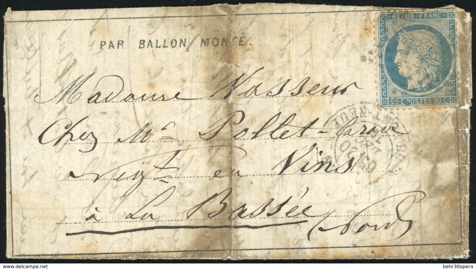 O N°37 - LE LAVOISIER. 20c. Siège Obl. étoile 17 S/Dépêche Ballon N°12 Frappée Du CàD De PARIS - R. DU PONT-NEUF Du 20 D - Oorlog 1870