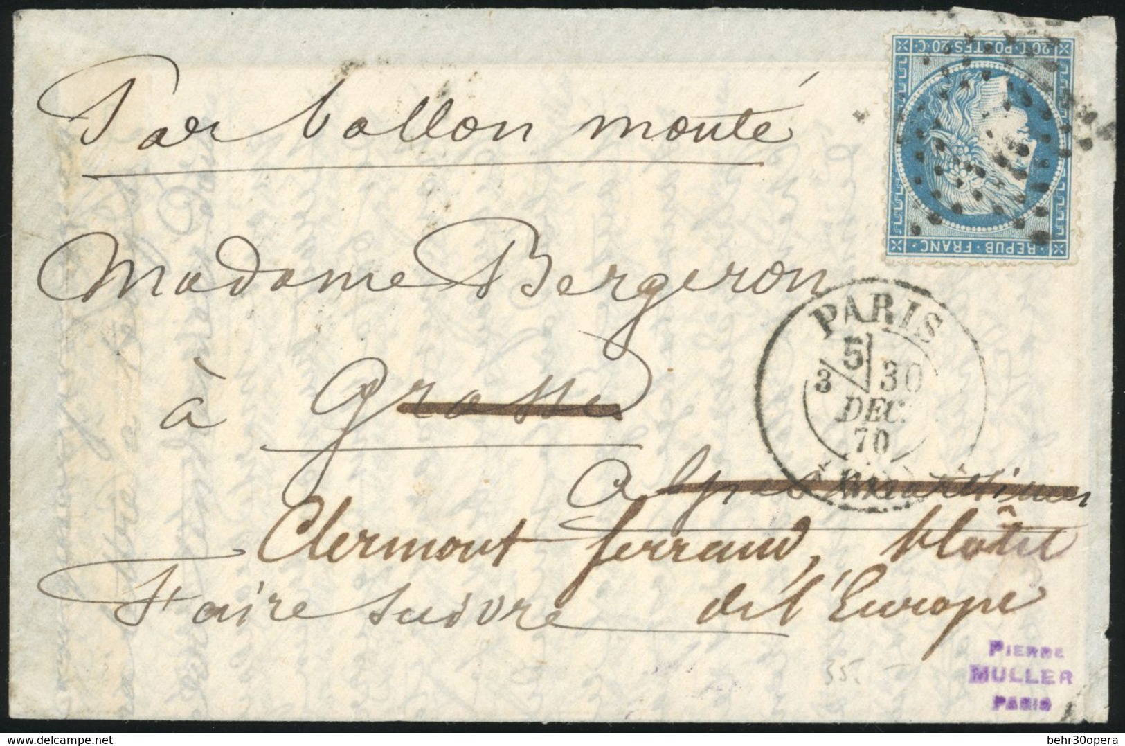 O N°37 - ARMEE DE LA LOIRE. 20c. Siège Obl. étoile S/lettre Frappée Du CàD De PARIS (60) Avec Section De Levée Du 30 Déc - War 1870