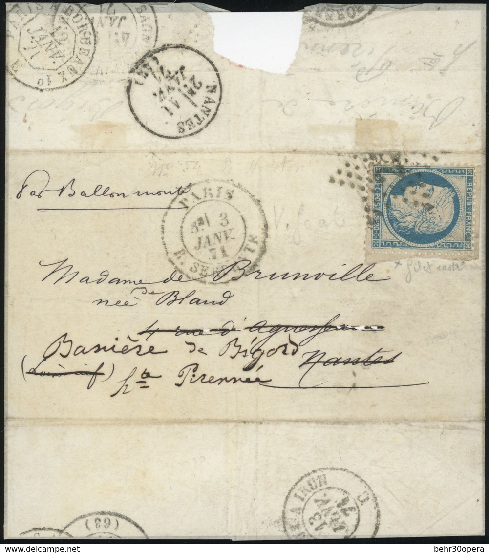 O N°37 - LE NEWTON. 20c. Siège. Obl. étoile '25' S/lettre Frappée Du CàD De PARIS - RUE SERPENTE Du 2 Janvier 1871 à Des - War 1870