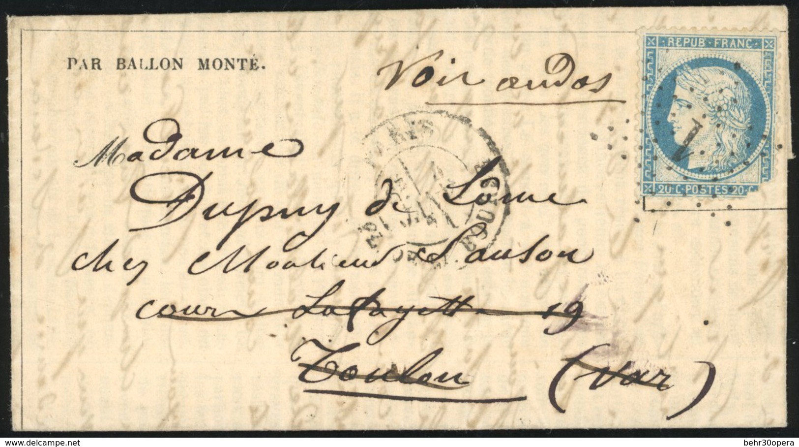 O N°37 - LE DUQUESNE. 20c. Siège Obl. étoile 1 S/Gazette Des Absents N°22 Frappée Du CàD De PARIS - PL. DE LA BOURSE Du  - Oorlog 1870