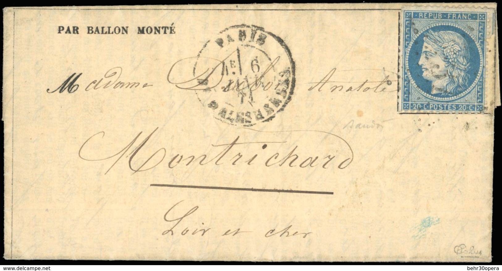 O N°37 - LE GAMBETTA. 20c. Siège Obl. étoile S/Gazette Des Absents N°23 Frappée Du CàD De PARIS - B. MALESHERBES Du 6 Ja - Guerre De 1870