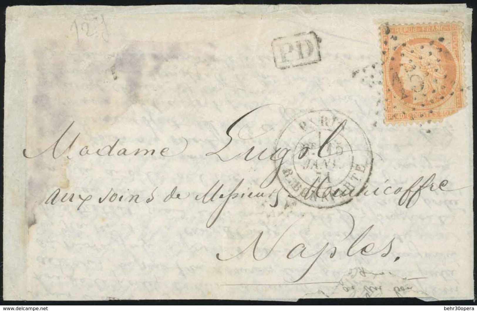 O N°31 - LA POSTE DE PARIS. 40c. Siège Obl. étoile 15 S/lettre Frappée Du CàD De PARIS - R. BONAPARTE Du 15 Janvier 1871 - Guerre De 1870