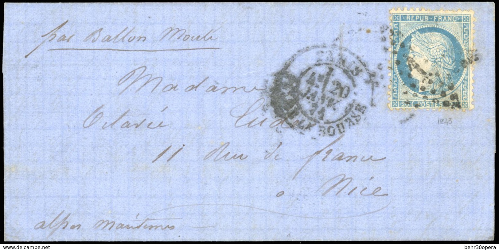 O N°37 - GENERAL DAUMESNIL. 20c. Siège Obl. étoile 1 S/lettre Frappée Du CàD De PARIS - PL. DE LA BOURSE Du 20 Janvier 1 - Guerre De 1870