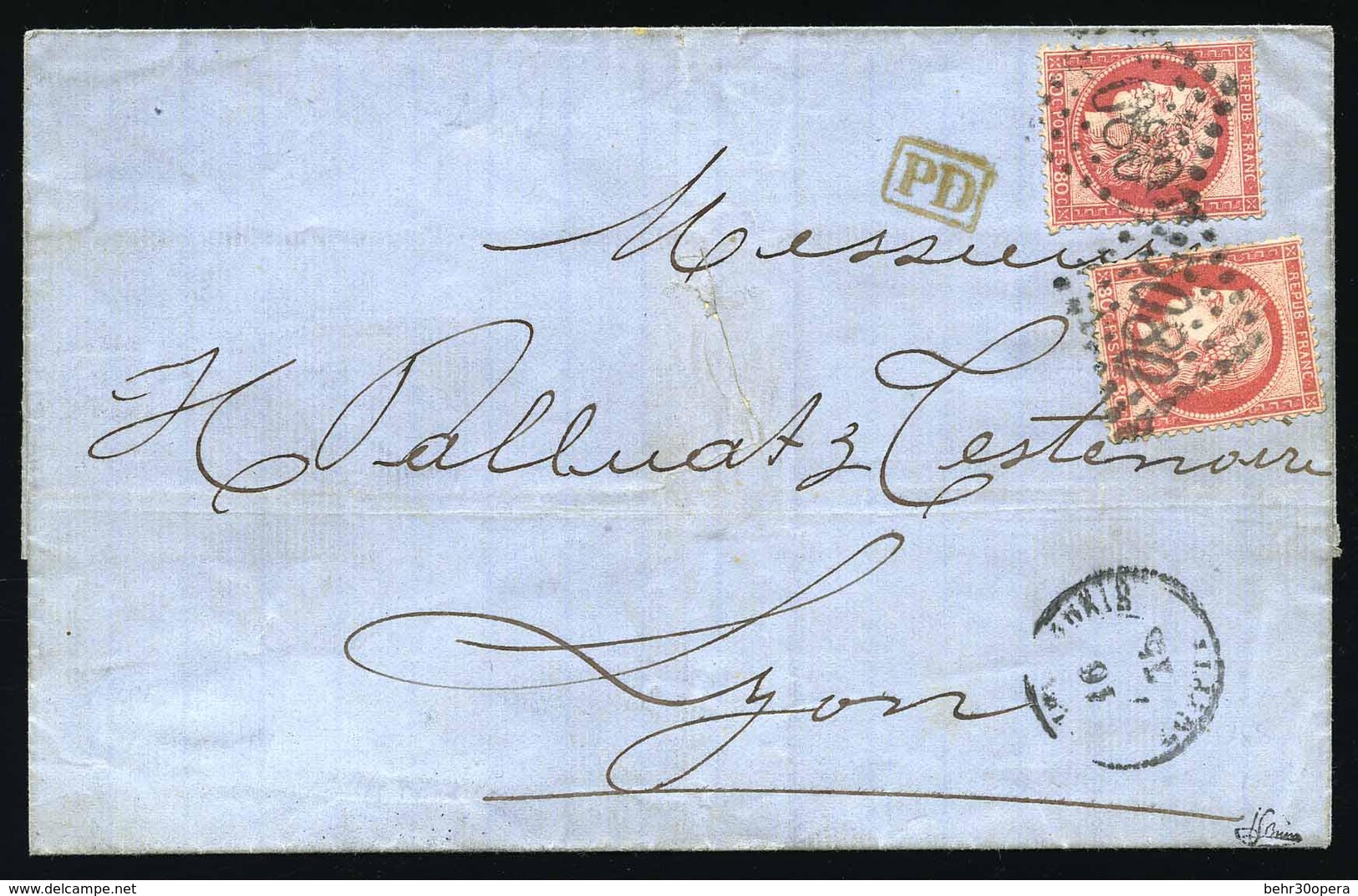 O N°57 - 80c. CERES X 2 Obl. GC 5080 Sur Lettre Provenant De BEYROUTH Frappée Du CàD ALEXANDRIE Du 16 Novembre 75 à Dest - 1849-1876: Klassieke Periode