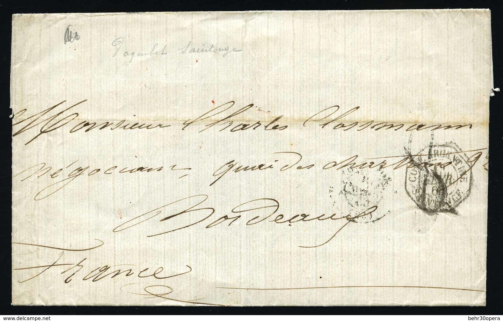 O Lettre Manuscrite De BUENOS AYRES Du 11 Février 1865, Frappée Du Cachet Paquebot Octogonal SAINTONGE - ARGENTINE Du 12 - Correo Marítimo