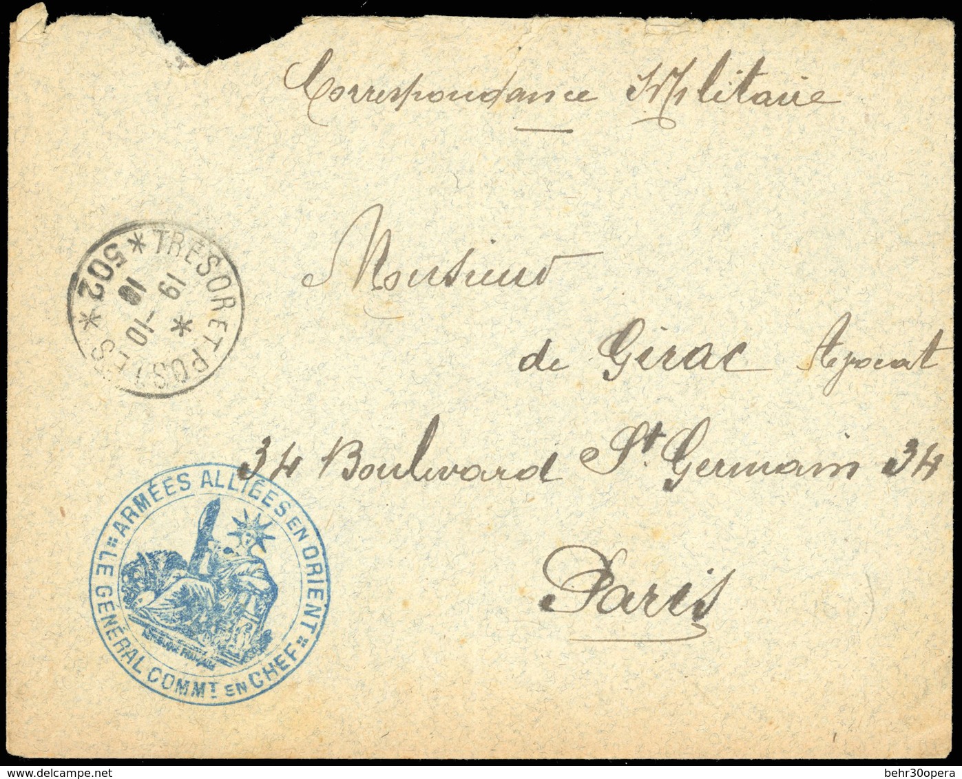 O Correspondance Militaire Du Commandant En Chef, Frappée Du Grand Cachet Bleu ''ARMEES ALLIEES EN ORIENT'' Et Du Cachet - 1849-1876: Klassik