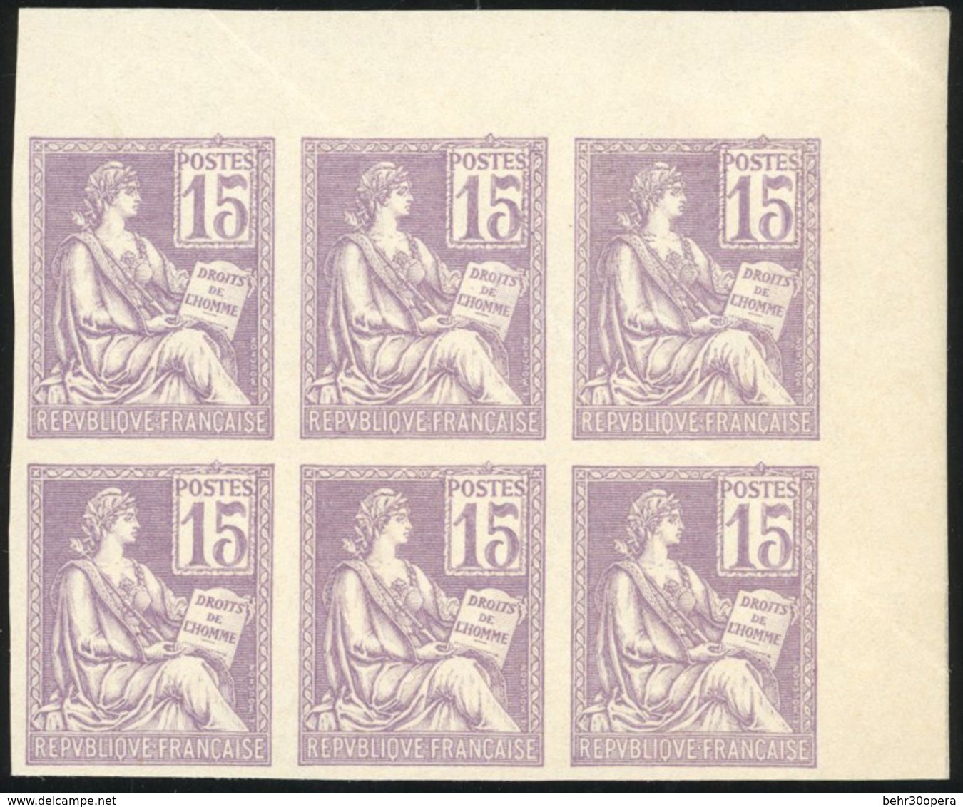 (*) N°117 - Essai Du 15c. Mouchon En Violet. Bloc De 6. ND. Coin De Feuille. Pli. - Autres & Non Classés