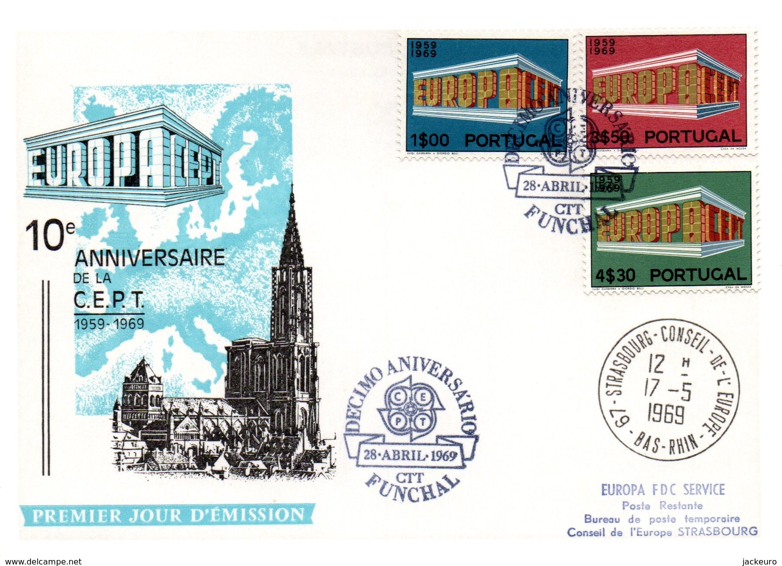 M111  28.4.69  Carte Maximum FDC Europa Portugal 1969 (avec Cachet Funchal En Liaison Avec Le Conseil De L'Europe) TTB - 1969