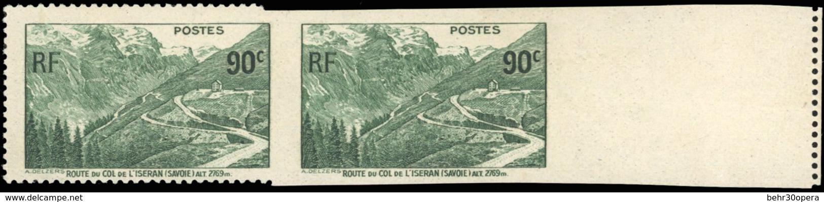 ** N°358b - 90c. Vert. Col De L'ISERAN. Paire ND Tenant à Dentelé. BdeF. Tirage 10. Très Grande Rareté Signée De George  - Other & Unclassified